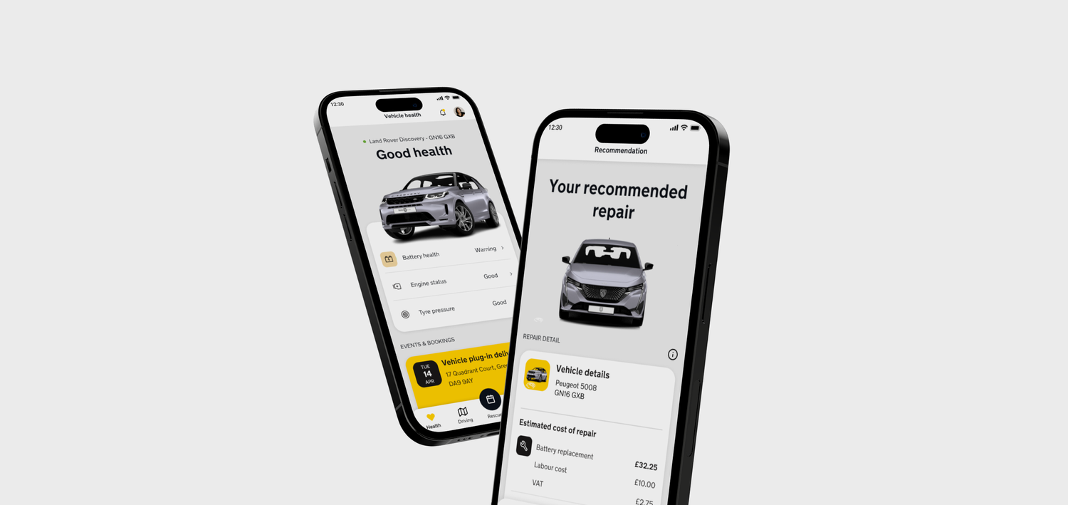 The AA vehicle health app screens